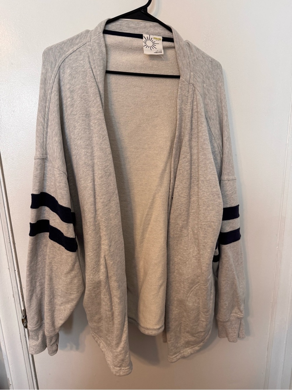 Aerie Women's Light Gray Open Baseball Cardigan with Navy Stripes